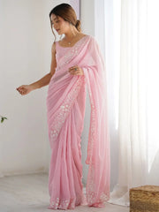 Alluring Pink Sequins Embroidered Saree With Blouse - Ethnic Plus In