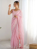 Alluring Pink Sequins Embroidered Saree With Blouse - Ethnic Plus In