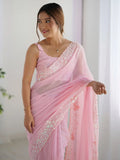 Alluring Pink Sequins Embroidered Saree With Blouse - Ethnic Plus In