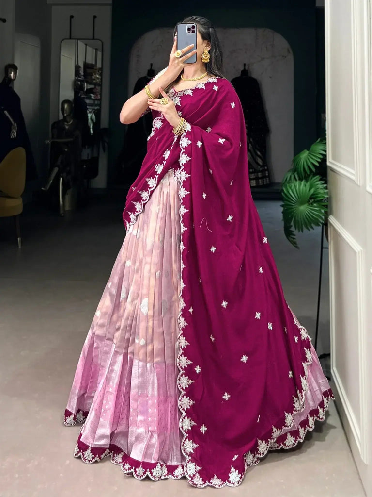 Alluring Pink Zari Weaving Silk Traditional Half Saree Lehenga - Ethnic Plus In