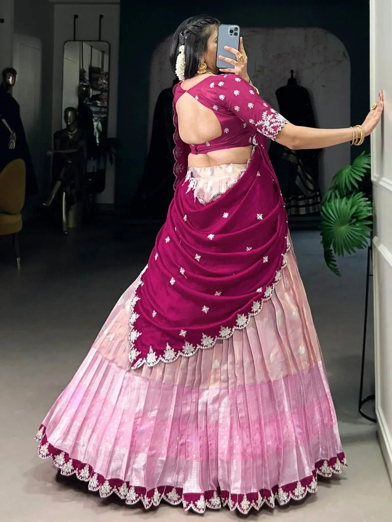Alluring Pink Zari Weaving Silk Traditional Half Saree Lehenga - Ethnic Plus In