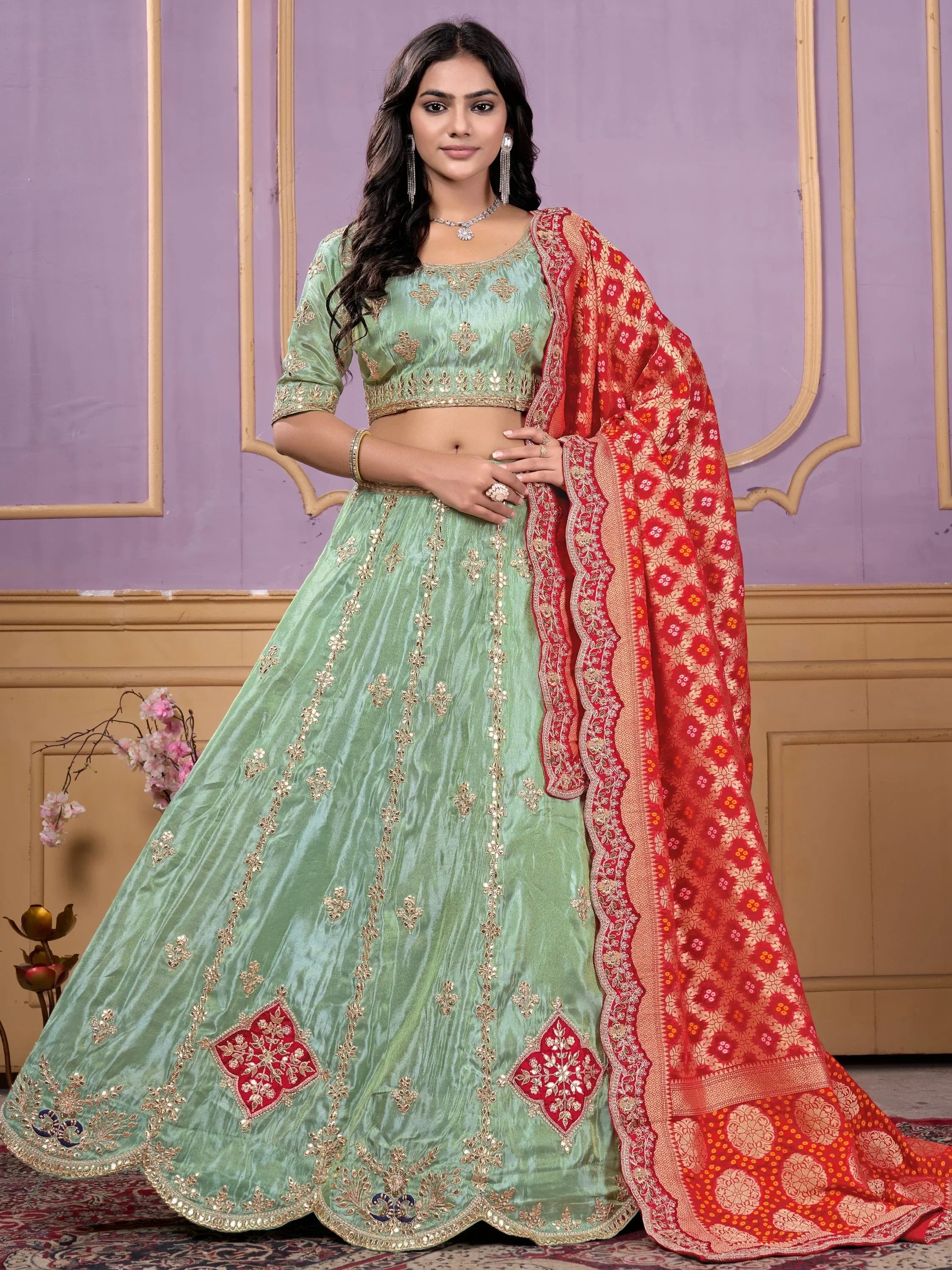 Mint green embroidered lehenga choli with red dupatta, Indian ethnic wear for weddings and parties