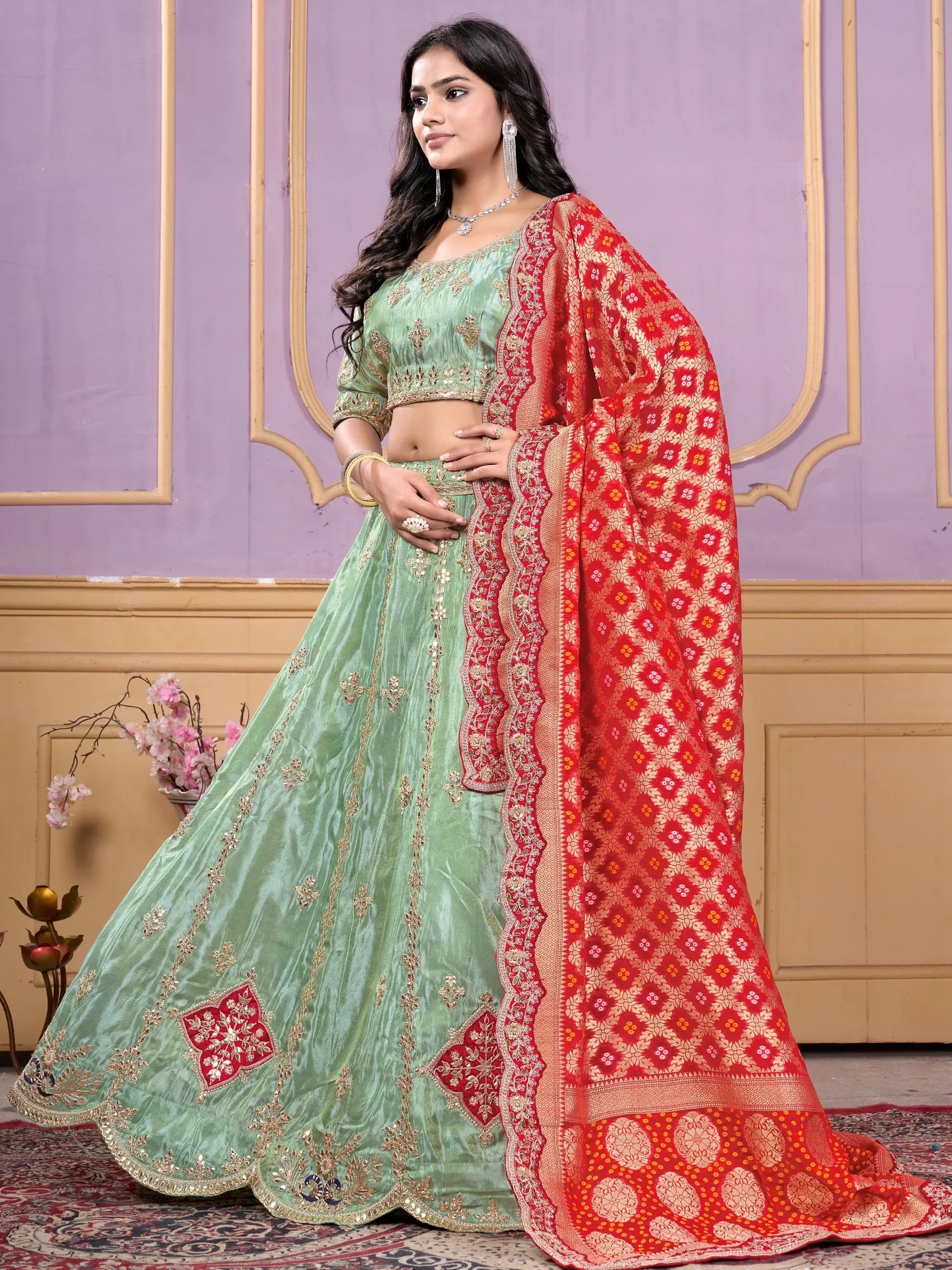 Mint green embroidered lehenga choli with red dupatta, Indian ethnic wear for weddings and festivals