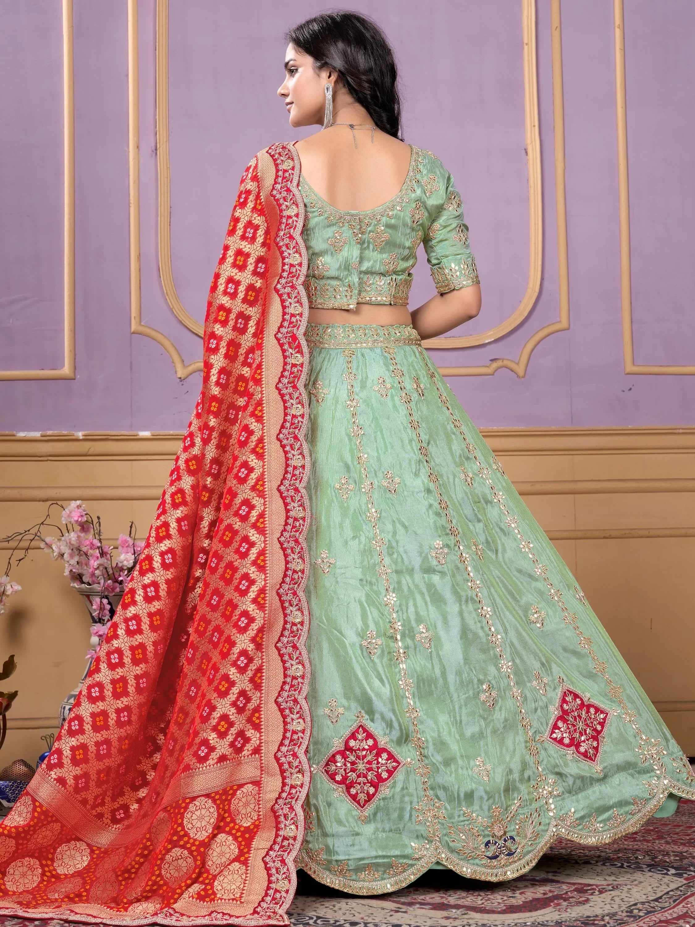Mint green embroidered lehenga choli with red dupatta, Indian ethnic wear for weddings and festivals
