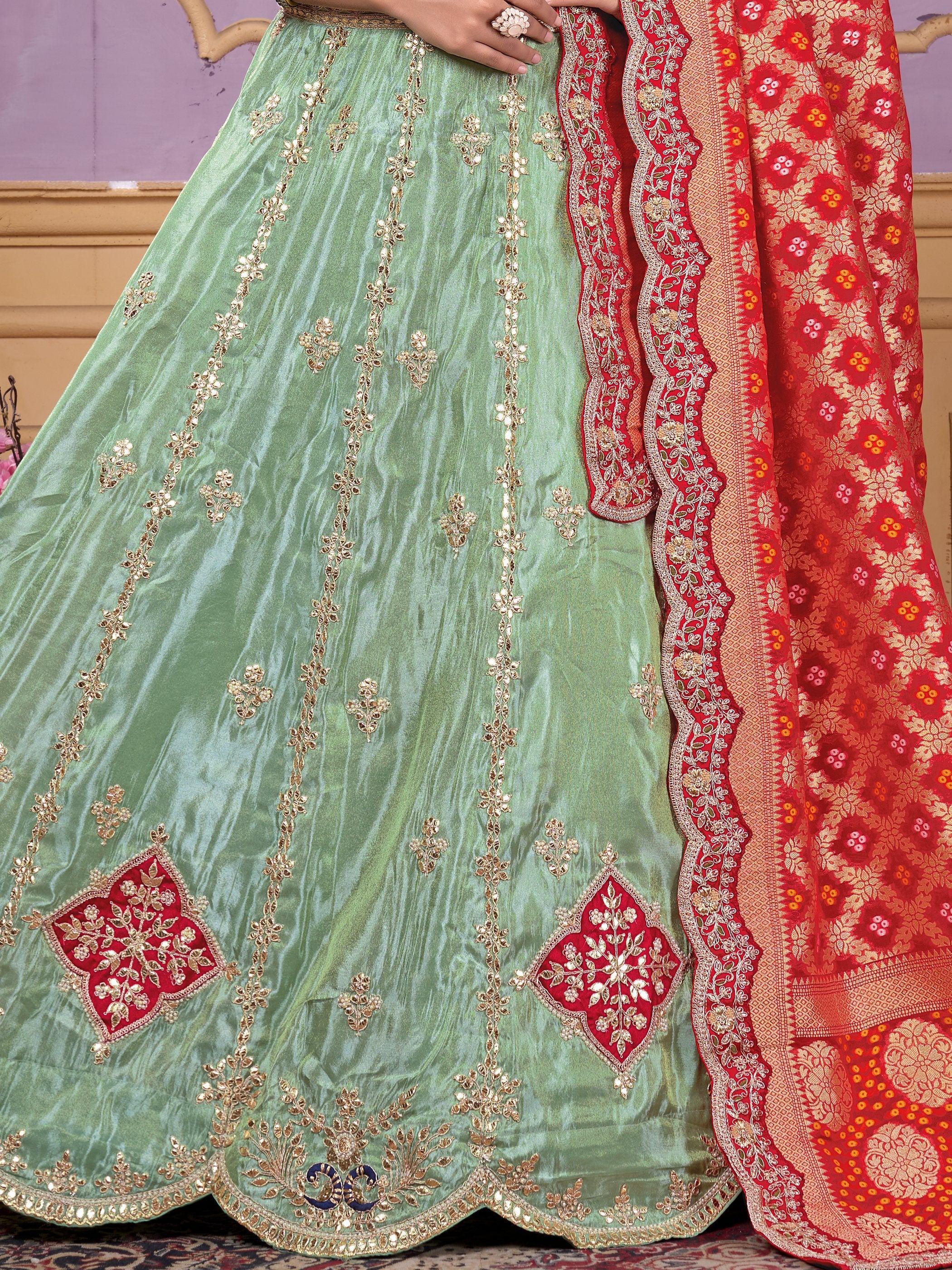 Mint green lehenga with gold embroidery and red dupatta, Indian ethnic wear