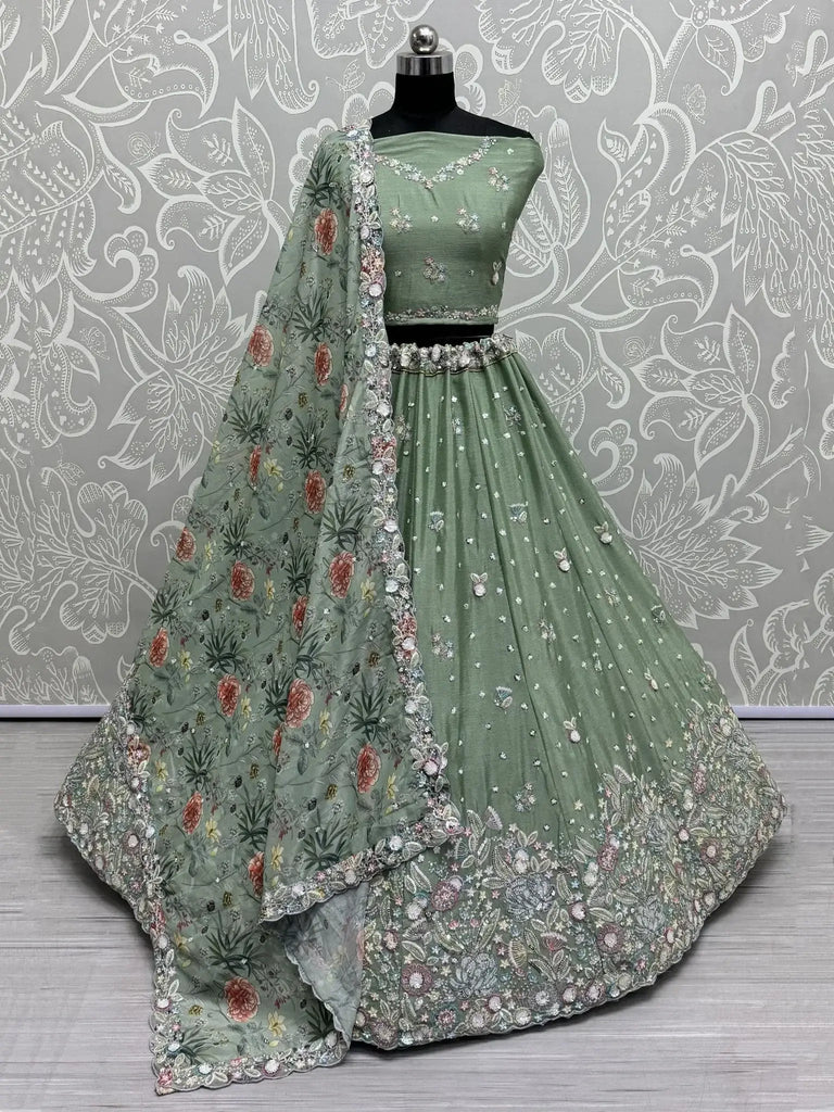 Alluring Pista Green Sequins Chinon Wedding Lehenga Choli With Dupatta - Ethnic Plus In