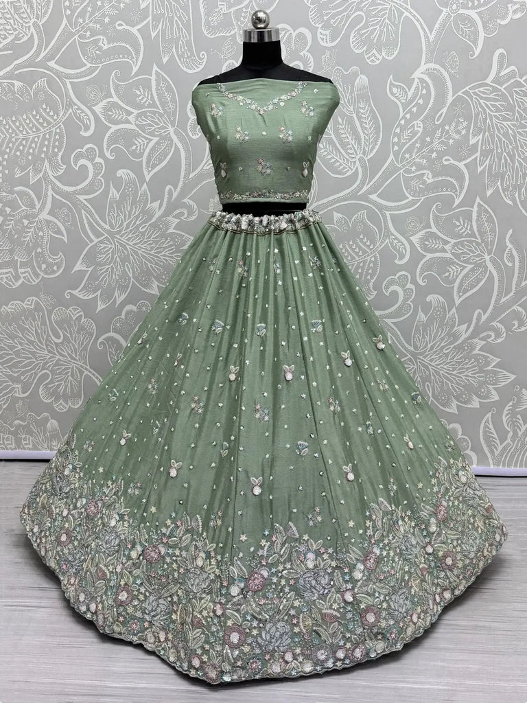 Alluring Pista Green Sequins Chinon Wedding Lehenga Choli With Dupatta - Ethnic Plus In