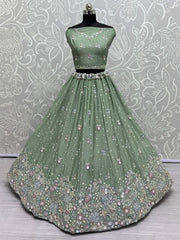 Alluring Pista Green Sequins Chinon Wedding Lehenga Choli With Dupatta - Ethnic Plus In