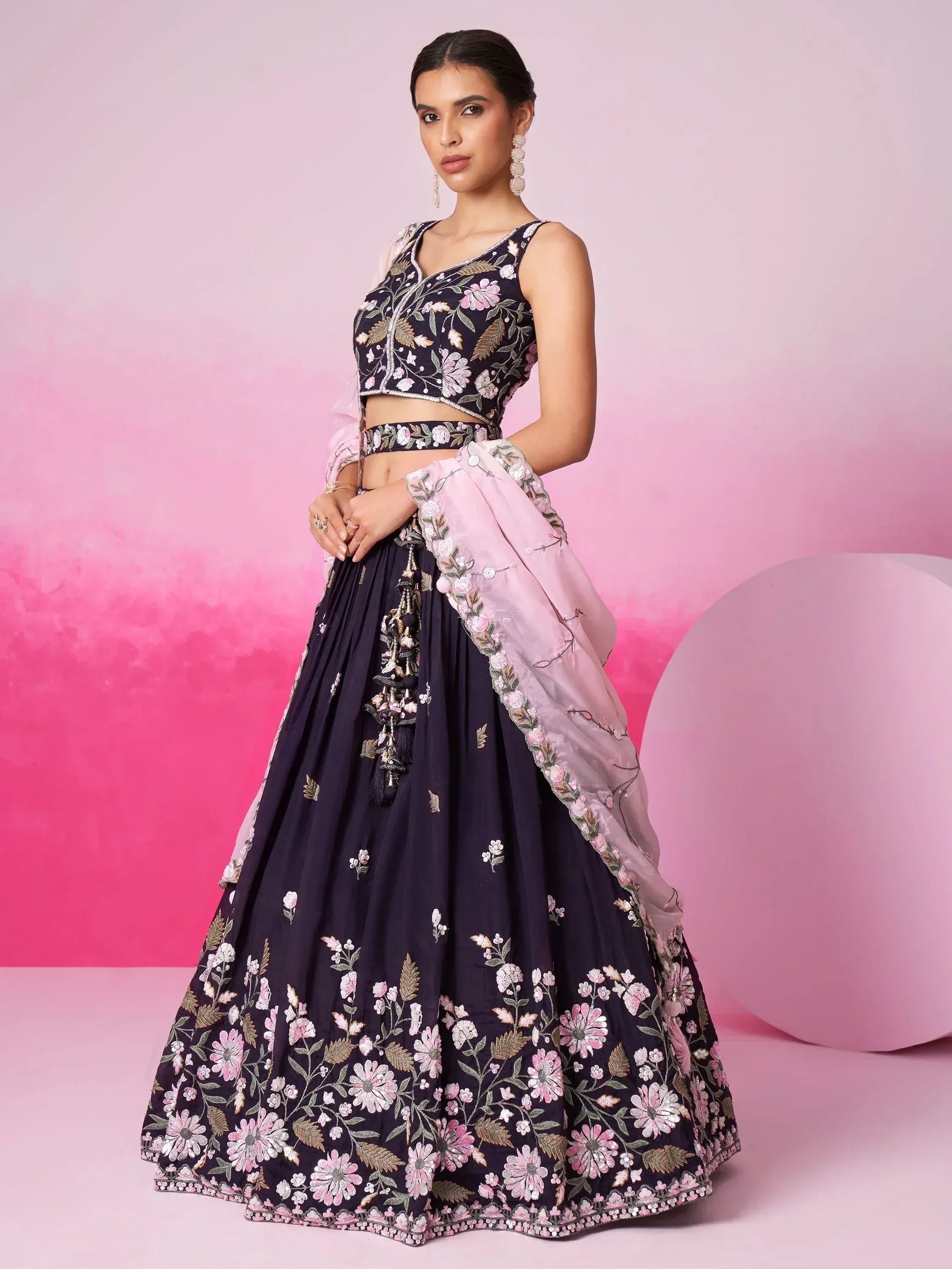 Navy blue floral embroidered lehenga choli with pink dupatta, Indian ethnic wear for weddings