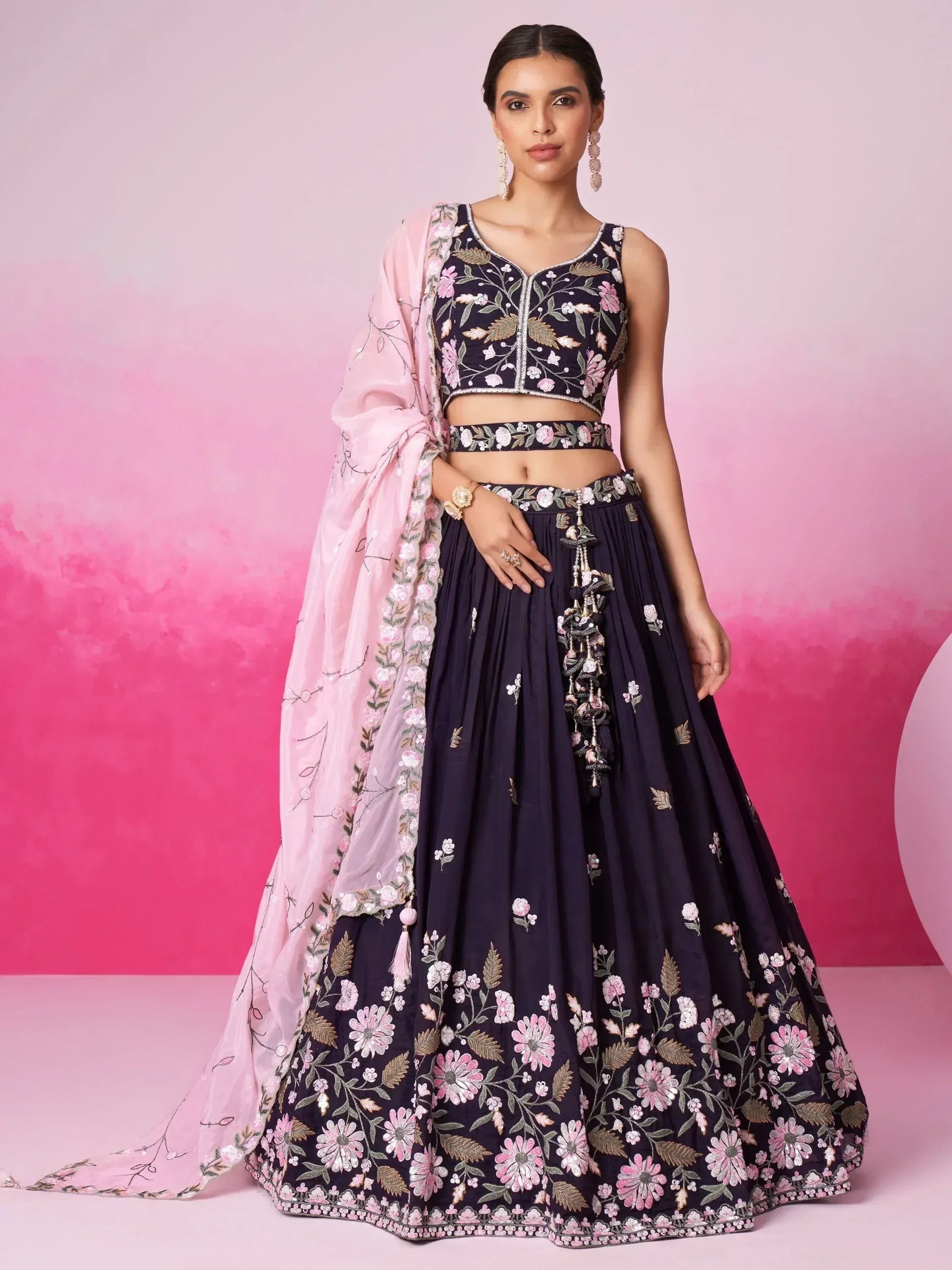 Navy floral embroidered lehenga choli with pink dupatta, Indian ethnic wear for weddings and parties