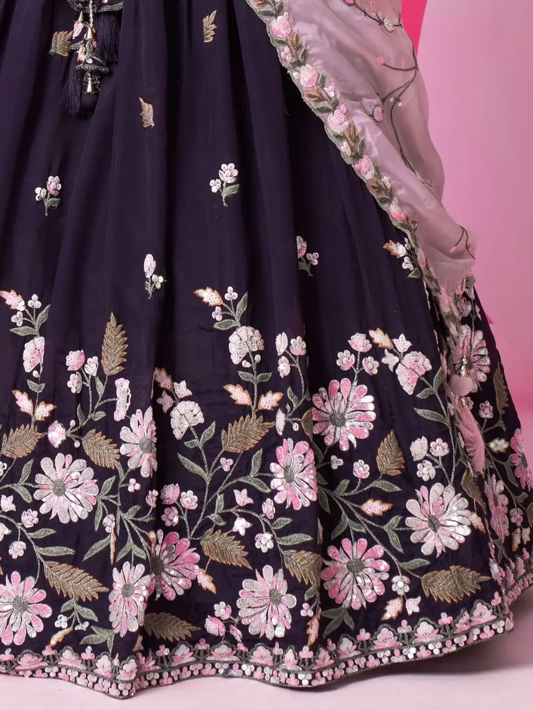 Alluring Purple Embroidered Satin Engagement Wear Lehenga Choli - Ethnic Plus In