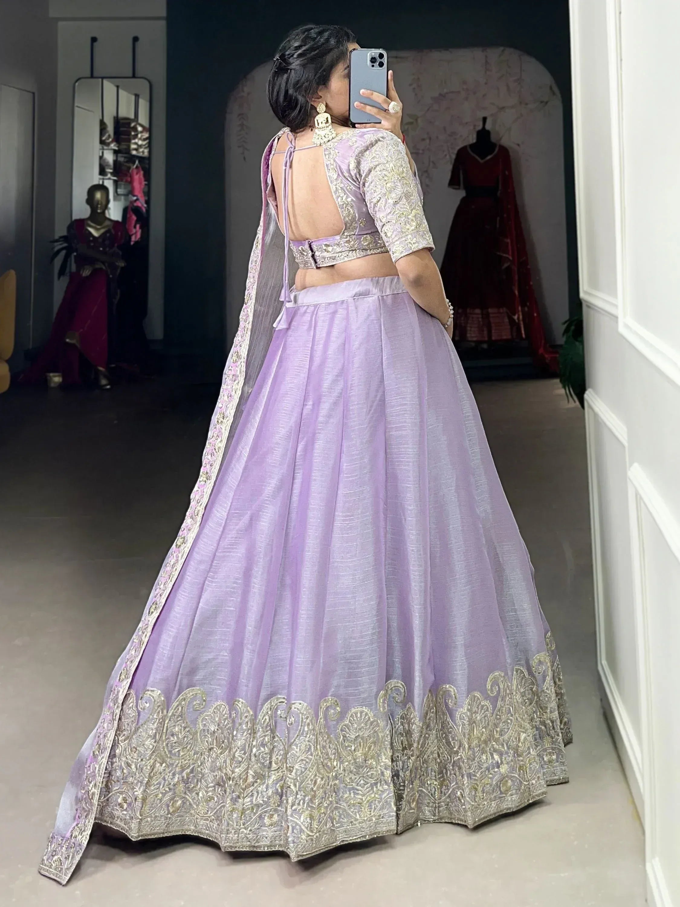 Lavender designer lehenga choli with gold embroidery, backless blouse, and dupatta for Indian ethnic wear