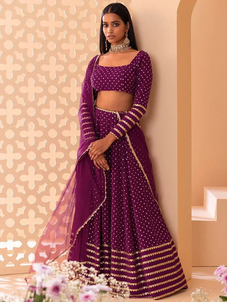 Alluring Purple Sequins Georgette Bridesmaid Lehenga Choli With Dupatta - Ethnic Plus In