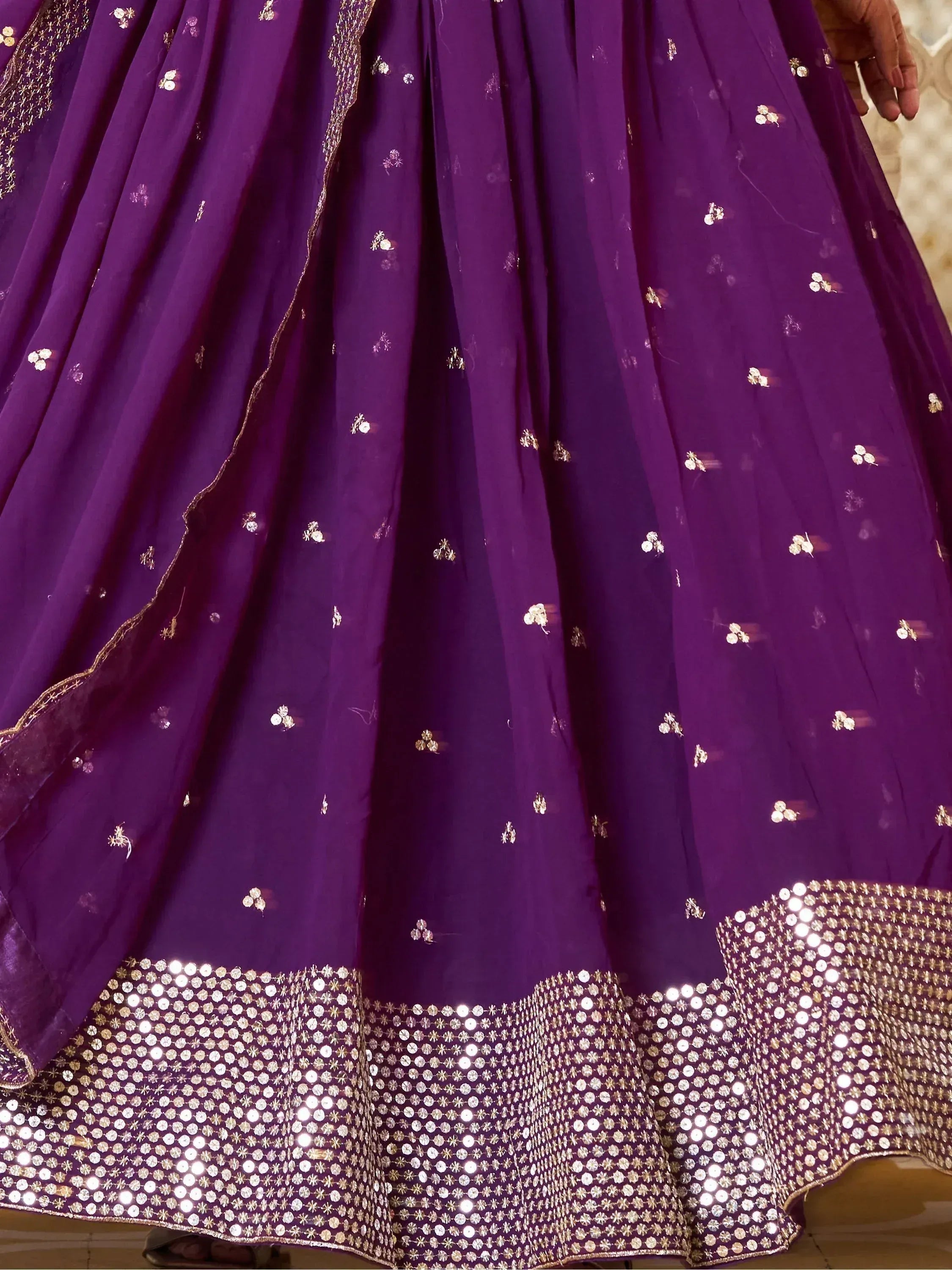 Purple lehenga with gold floral embroidery and sequin border, Indian ethnic wear