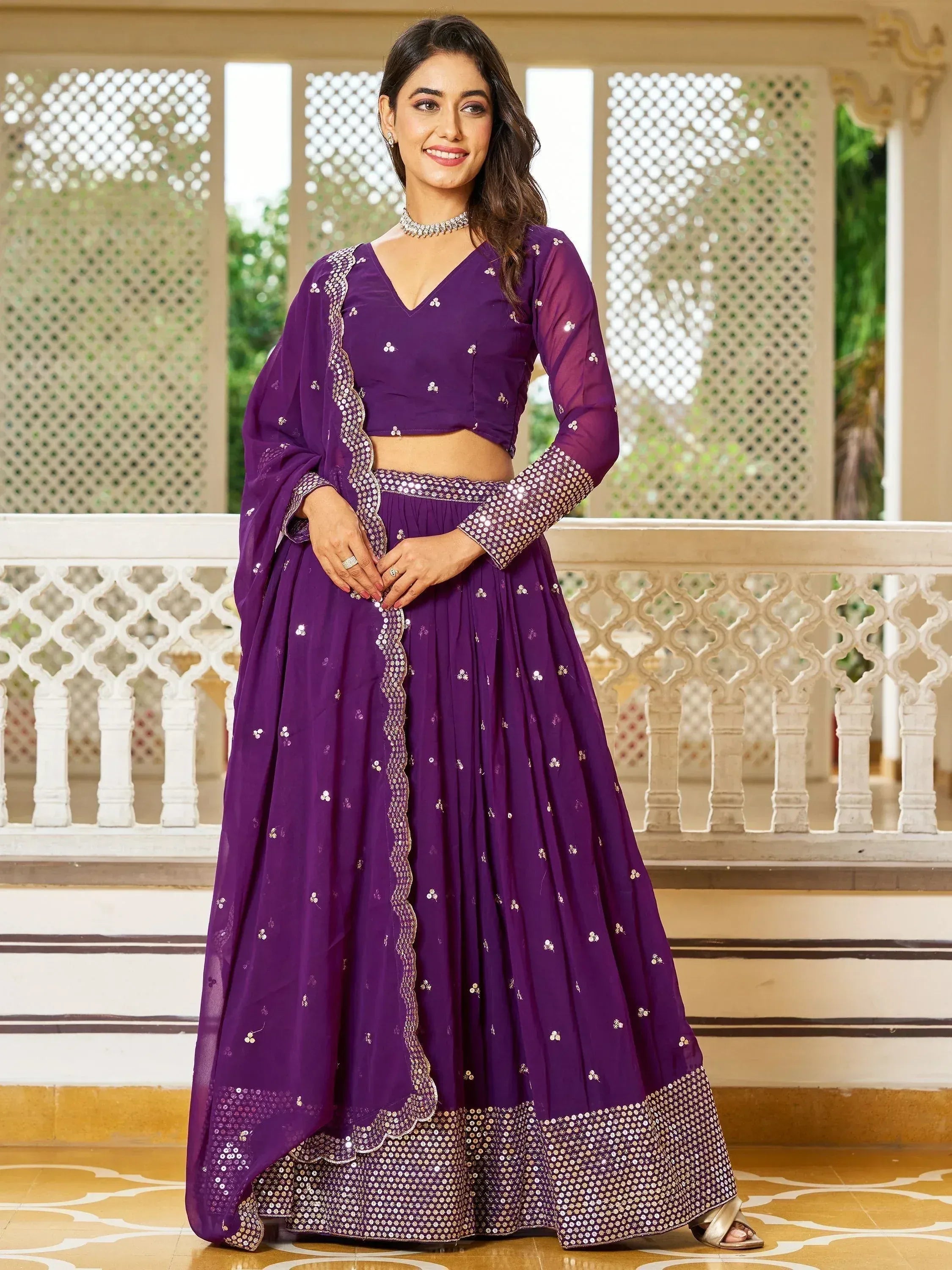Purple designer lehenga choli with sequin work, perfect for Indian ethnic wear and festive occasions
