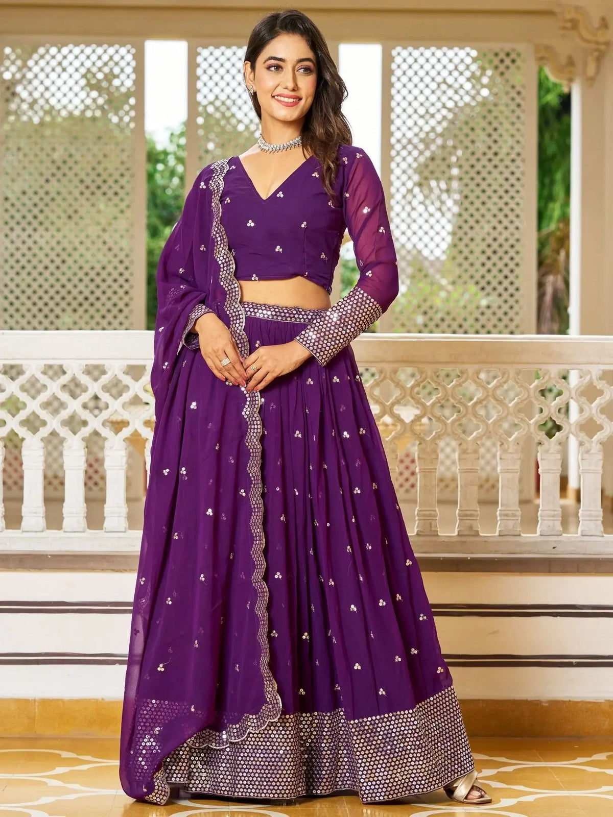 Alluring Purple Sequins Work Georgette Event Wear Lehenga Choli - Ethnic Plus In