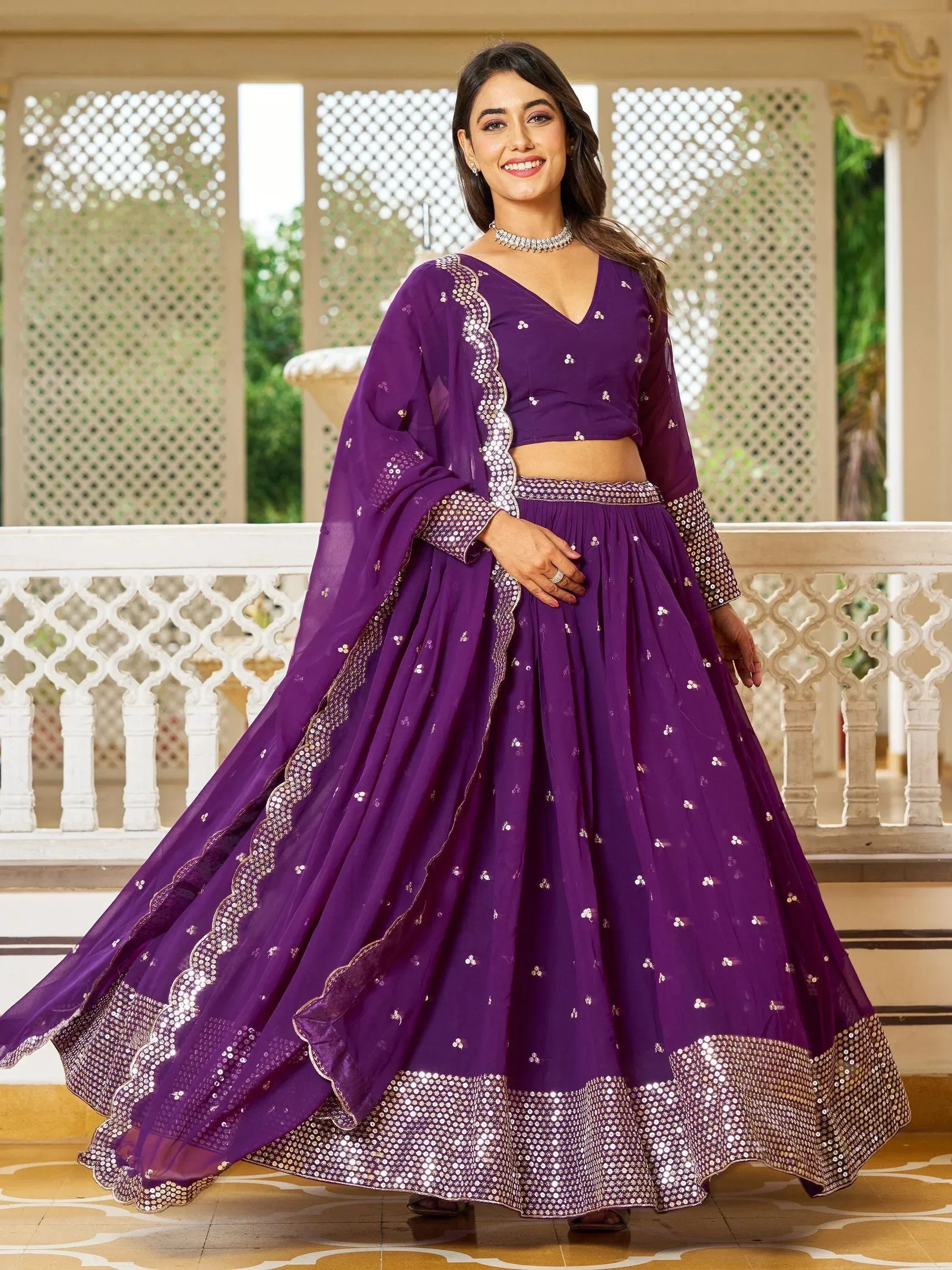 Purple designer lehenga choli with sequin embroidery, perfect for Indian ethnic wear occasions