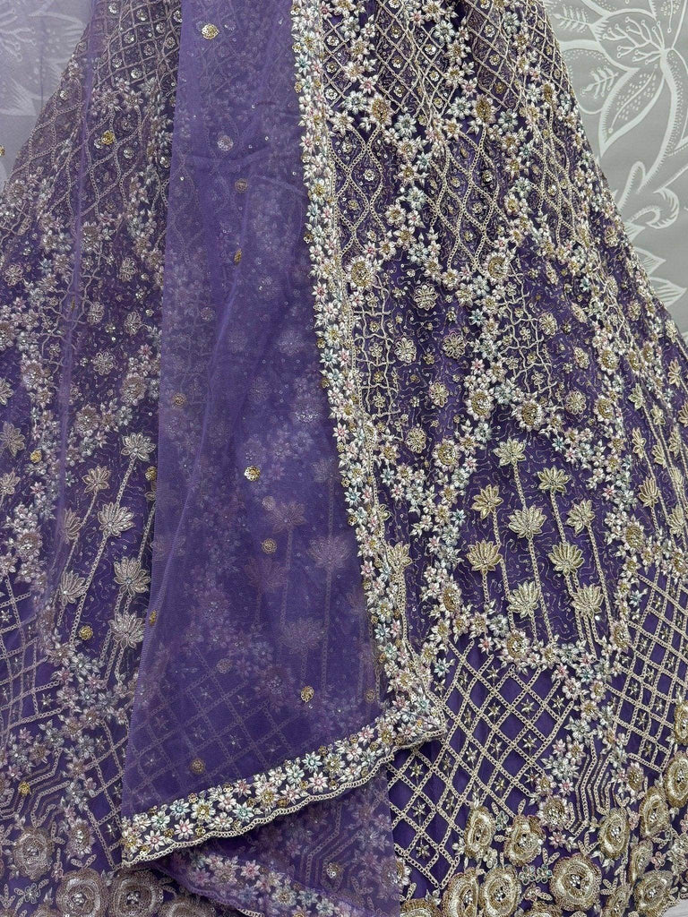Alluring Purple Thread Embroidered Net Wedding Lehenga Choli - Ethnic Plus In