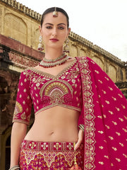 Alluring Rani Pink Embroidered Banarasi Silk Wedding Wear Lehenga Choli - Ethnic Plus In