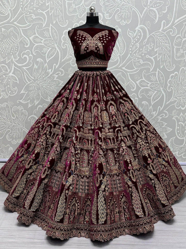 Alluring Rani Pink Velvet Bridal Lehenga Choli With Double Dupatta - Ethnic Plus In