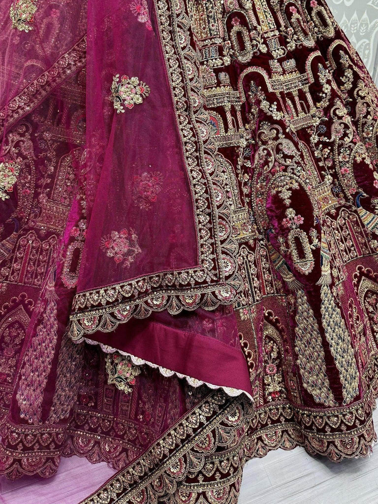 Alluring Rani Pink Velvet Bridal Lehenga Choli With Double Dupatta - Ethnic Plus In