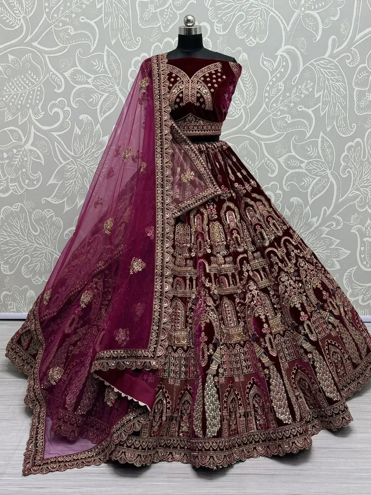 Alluring Rani Pink Velvet Bridal Lehenga Choli With Double Dupatta - Ethnic Plus In