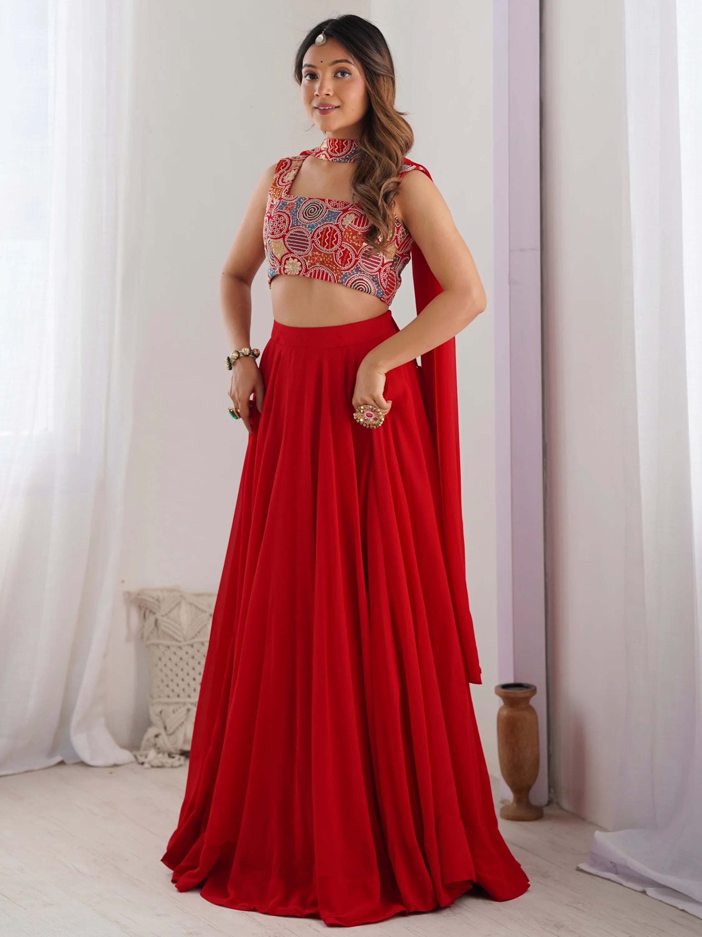 Alluring Red Georgette Party Wear Lehenga Choli With Dupatta - Ethnic Plus In