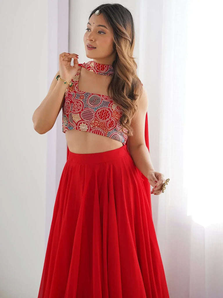 Alluring Red Georgette Party Wear Lehenga Choli With Dupatta - Ethnic Plus In
