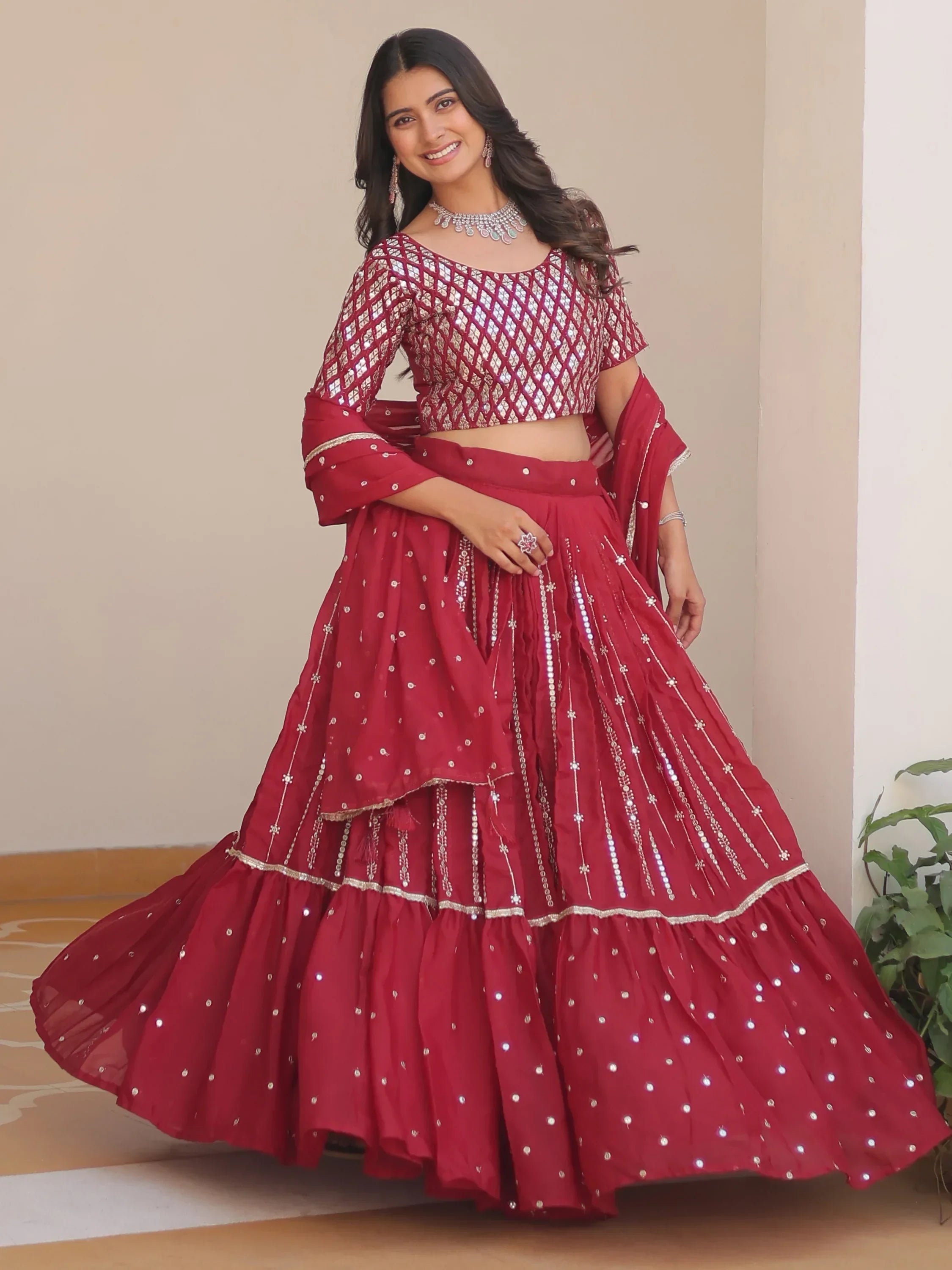 Alluring Red Sequins Georgette Festival Wear Lehenga Choli With Dupatta - Ethnic Plus In