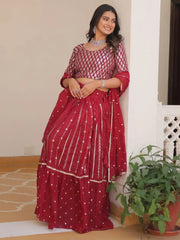 Alluring Red Sequins Georgette Festival Wear Lehenga Choli With Dupatta - Ethnic Plus In