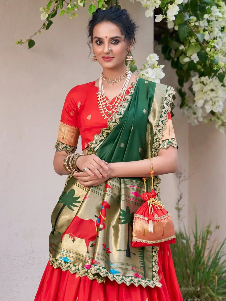 Alluring Red Zari Weaving Silk Traditional Lehenga Choli With Dupatta - Ethnic Plus In