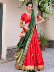 Alluring Red Zari Weaving Silk Traditional Lehenga Choli With Dupatta - Ethnic Plus In