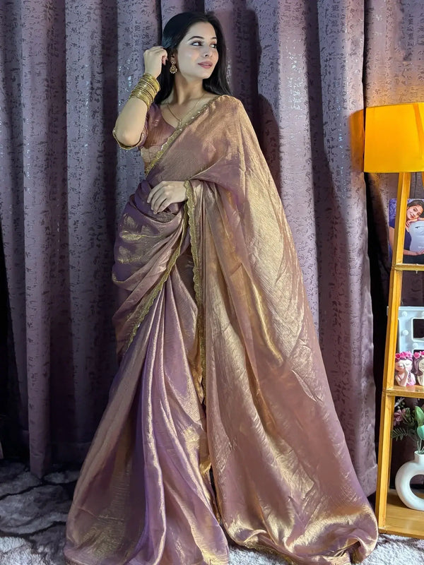 Alluring Rose Gold Beads Work Silk Traditional Saree With Blouse - Ethnic Plus In