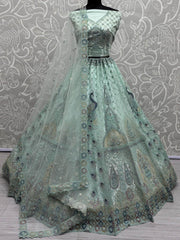 Alluring Sea Green Multi - Thread Work Net Lehenga Choli With Dupatta - Ethnic Plus In