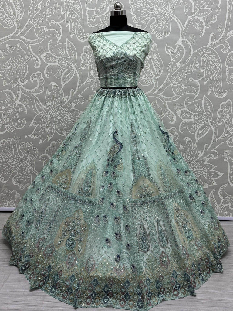 Alluring Sea Green Multi - Thread Work Net Lehenga Choli With Dupatta - Ethnic Plus In
