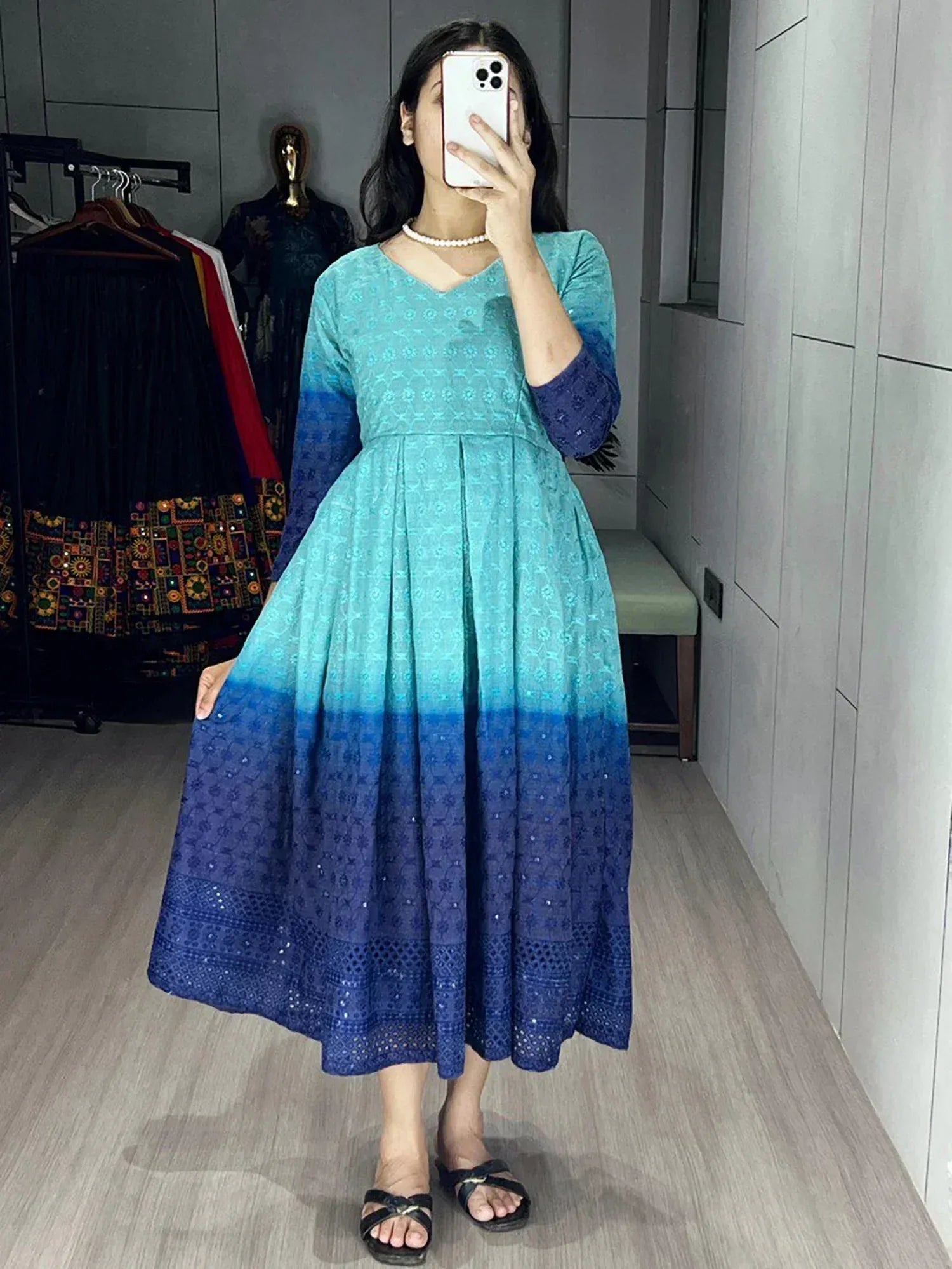 Blue ombre ethnic gown with floral print, V-neck, long sleeves, and flared skirt for women