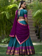 Alluring Teal Blue Cotton Traditional Wear Half Saree Lehenga - Ethnic Plus In
