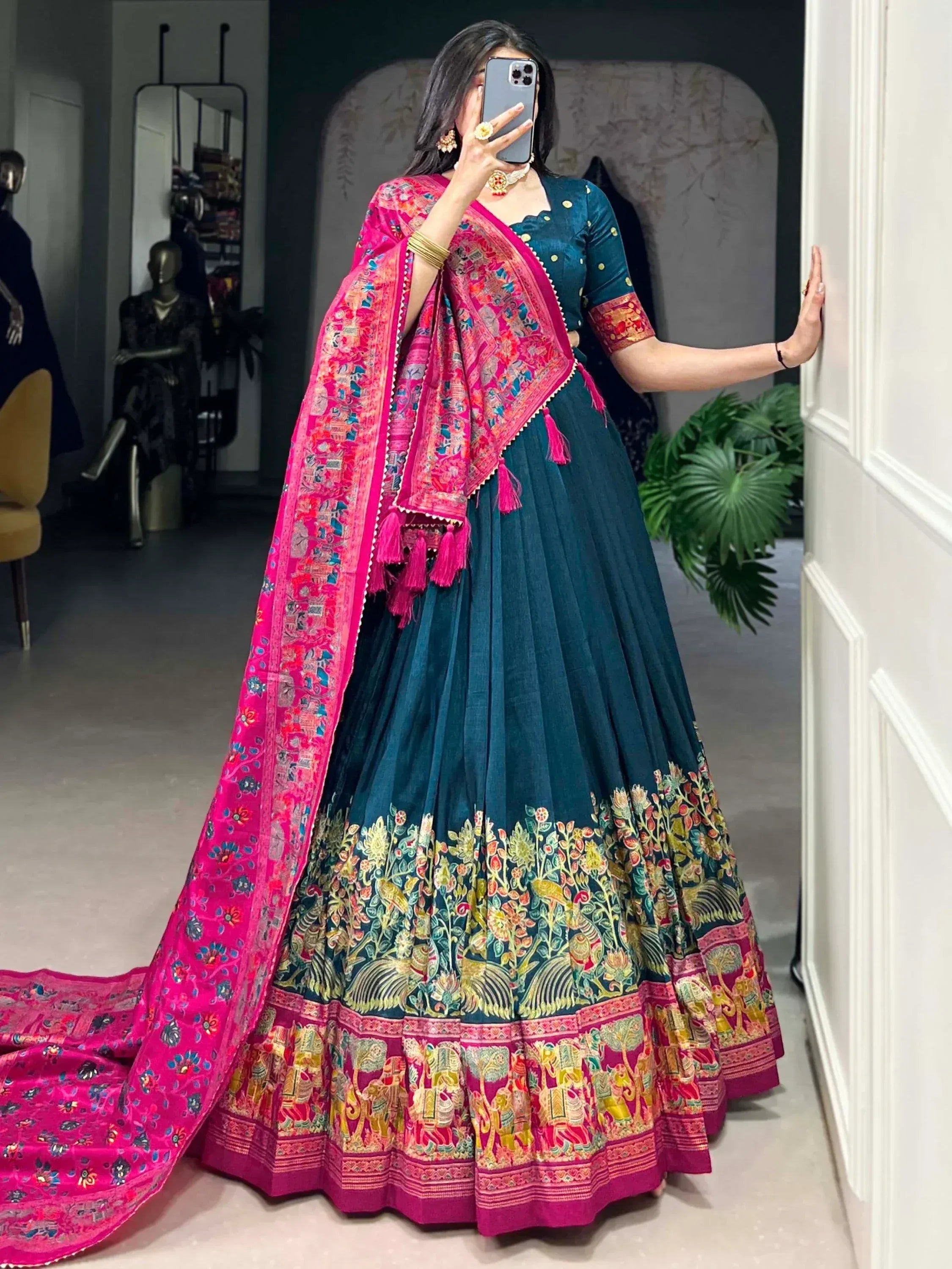 Teal lehenga choli with pink dupatta, floral and elephant embroidery, Indian ethnic wear