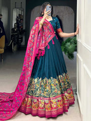 Alluring Teal Blue Digital Printed Tussar Silk Festive Wear Lehenga With Blouse - Ethnic Plus In