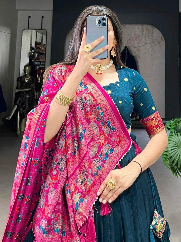 Alluring Teal Blue Digital Printed Tussar Silk Festive Wear Lehenga With Blouse - Ethnic Plus In