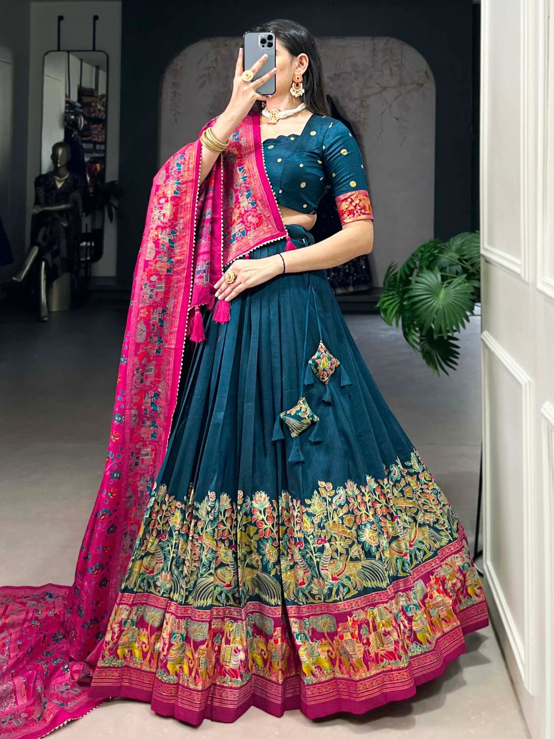 Teal lehenga choli with pink dupatta, floral and elephant print, Indian ethnic wear