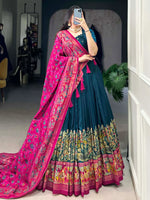 Alluring Teal Blue Digital Printed Tussar Silk Festive Wear Lehenga With Blouse