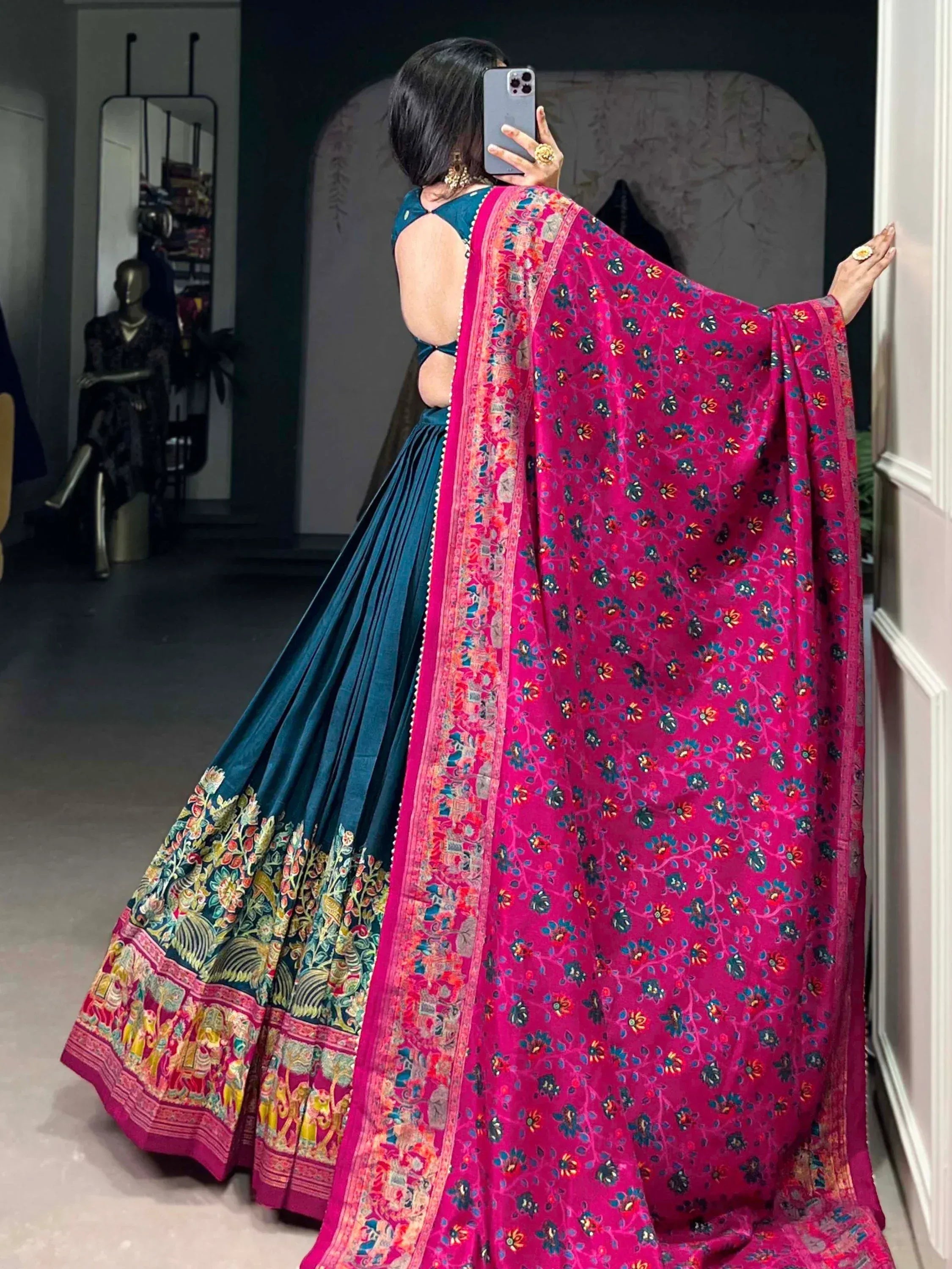 Teal lehenga choli with pink floral dupatta, Indian ethnic wear for weddings and festivals