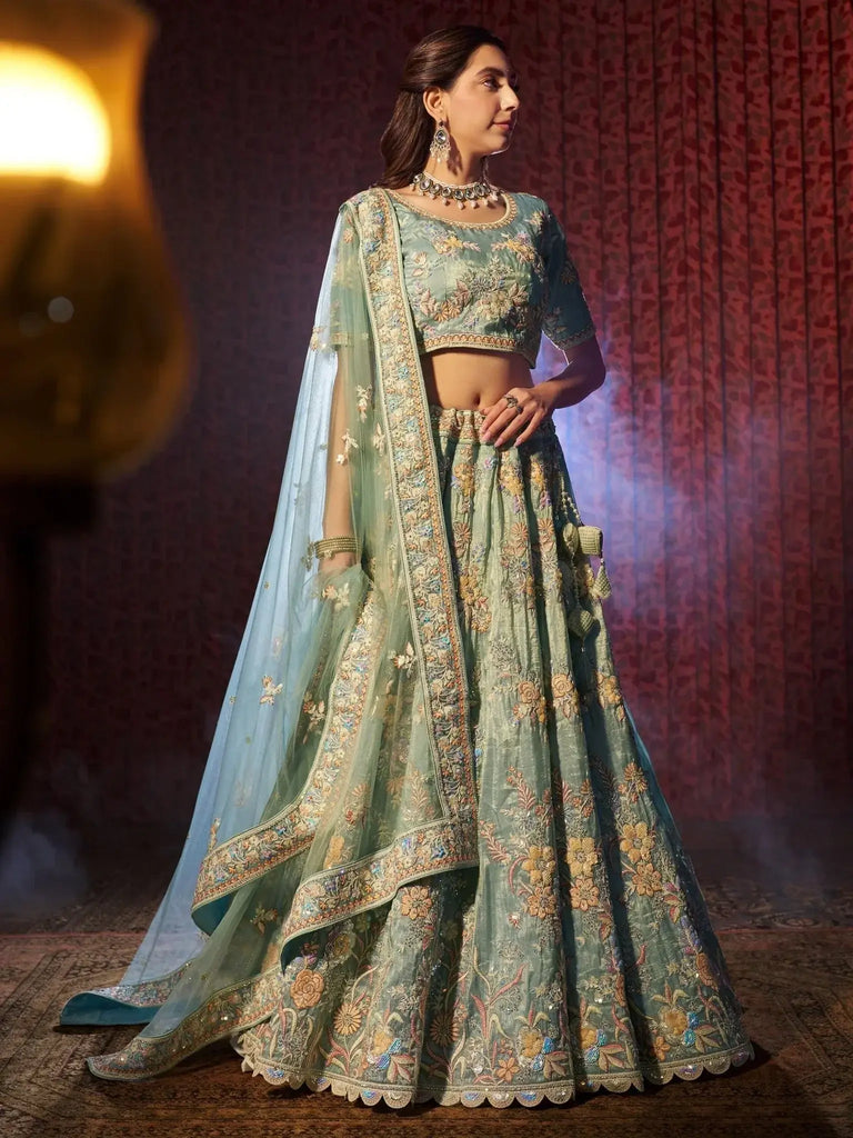 Alluring Turquoise Thread Work Organza Reception Wear Lehenga Choli - Ethnic Plus In