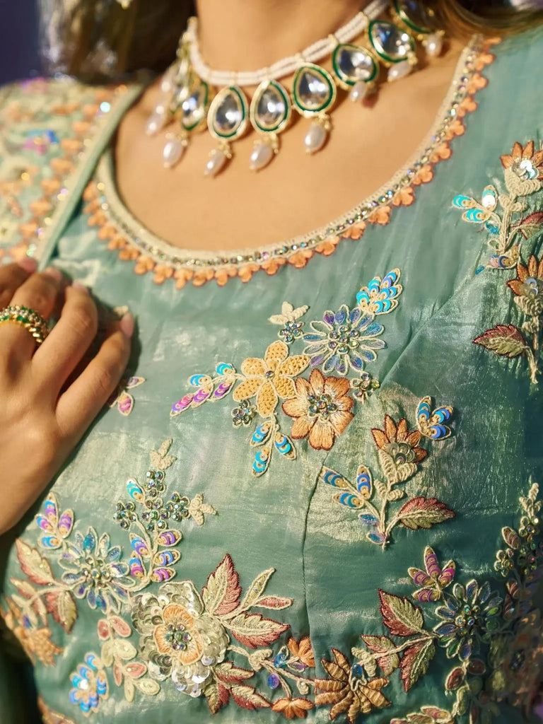Alluring Turquoise Thread Work Organza Reception Wear Lehenga Choli - Ethnic Plus In