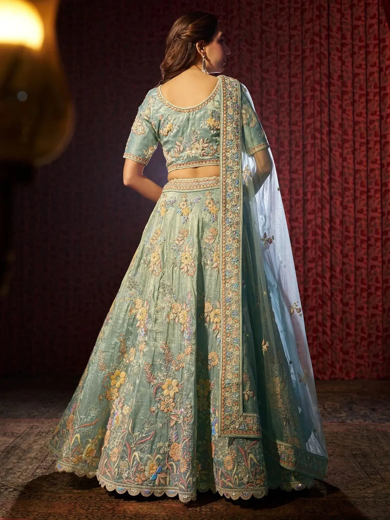 Alluring Turquoise Thread Work Organza Reception Wear Lehenga Choli - Ethnic Plus In