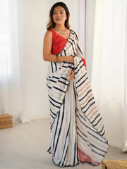 Alluring White Digital Printed Casual Wear Saree With Blouse - Ethnic Plus In
