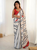 Alluring White Digital Printed Casual Wear Saree With Blouse - Ethnic Plus In