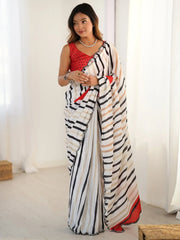 Alluring White Digital Printed Casual Wear Saree With Blouse - Ethnic Plus In