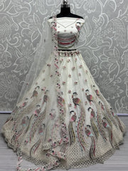Alluring White Multi - Thread Work Net Bridesmaid Lehenga Choli With Dupatta - Ethnic Plus In